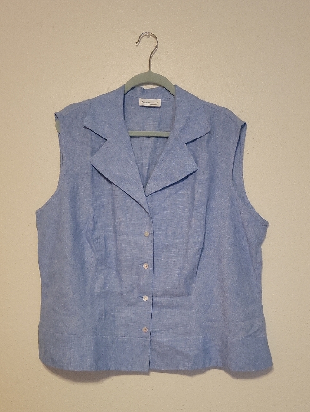 Coldwater Creek 100% Linen Blouse Blue Chambray Sleeveless Button Front Top